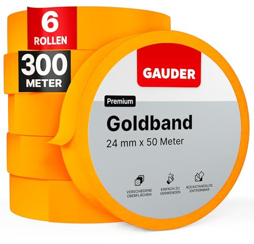 GAUDER Goldband aus Premium Washi Tape für präzise Farbkanten - Rückstandsfreies Malerkrepp, Profi-Kreppband und Abdeckband | Malerband zum Streichen und Lackieren (6 Rollen - 24 mm x 50 m)