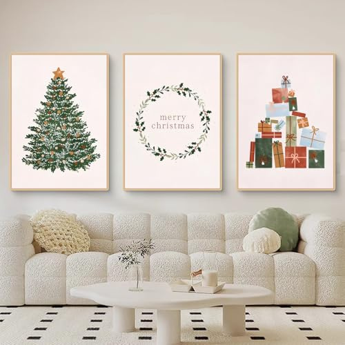 Viusneun 3er Weihnachts Poster Set, Weihnachtsbaum Wandbilder Weihnachtsgeschenke Wandposter Frohe Weihnachten Premium Leinwandbilder Kunstdruck für Wohnzimmer Schlafzimmer Deko (50 x 70 cm)