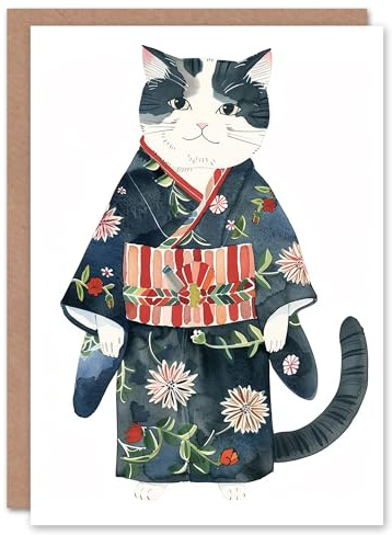 Artery8 Cat Lover Cute Pet in Blue Floral Japanese Kimono Blank For Him Or Her Art Birthday Card