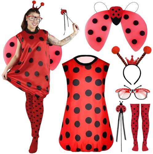 Moiuguli Marienkäfer Kostüm Damen, Marienkäfer Kostüm Erwachsene mit Flügel Brille Beinärmel Haarreif Zauberstab Faschingskostüme Damen Lustig für Karneval Fasching Mottoparty Dress Up Party Cosplay