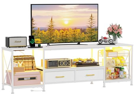 Chleby Mueble de TV, Mueble TV Madera con 2 cajones, 4 Compartimentos Abiertos, 180 x 40 x 58 cm Armario de TV con Barra de luz LED y enchufes para salón, Dormitorio, Blanco
