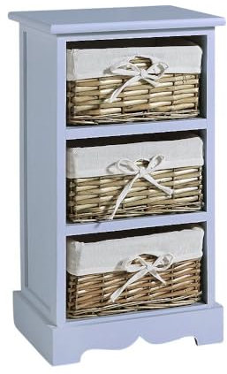 Home Source Bedroom Wooden Storage Unit, Woven Willow Wicker Baskets, 3 Drawer Cabinet Chest, Grey