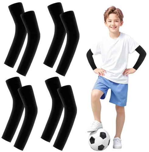 Leikedun Lot de 4 paires de manchettes de compression anti-UV pour enfant, respirantes, pour l'été et le volley-ball, Noir , XS