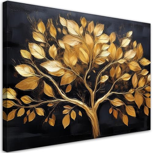 Feeby Quadri camera da letto - Stampa Su Tela - Canvas 120x80 cm - Decorazioni Camera - Albero di foglie d'oro - Decorazione Murale - Moderno Soggiorno - quadri moderni soggiorno - poster