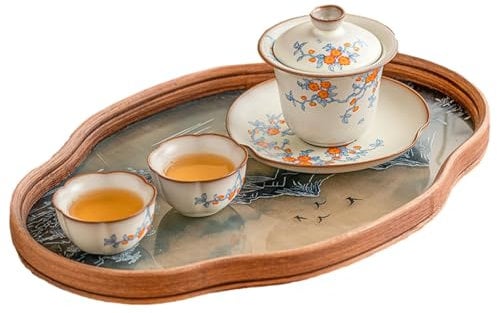 Apricot Blossom Blue Branch Ru Porcelain Lid Bowl, Home Tea Set with Lid - Lid Bowl + 2 Cups + Begonia Plate