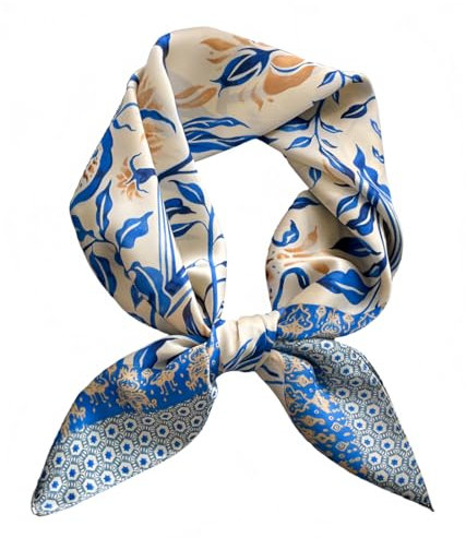 MEDUOLA Damen Halstuch aus Kunstseide Blumen und verschiedene Muster Druckschal Elegantes Accessoire 70CM x 70CM Quadratisches Tuch Chinesische Rose Blau