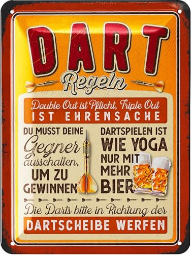 LANOLU Retro Blechschild DART Regeln - Bar und Partykeller Dekoration, Irish Pub Deko, lustiges Geschenk für Männer, vintage Metallschild mit Stanzung und Wölbung, 15x20cm