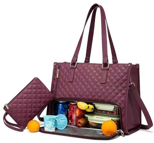 Packuum 3 in 1 Tote Bag, 2025 NEW 2 in 1 Tote Bag Lunch Bag Combo with Insulated Lunch Compartment, 15.6 Inch (Wine red)
