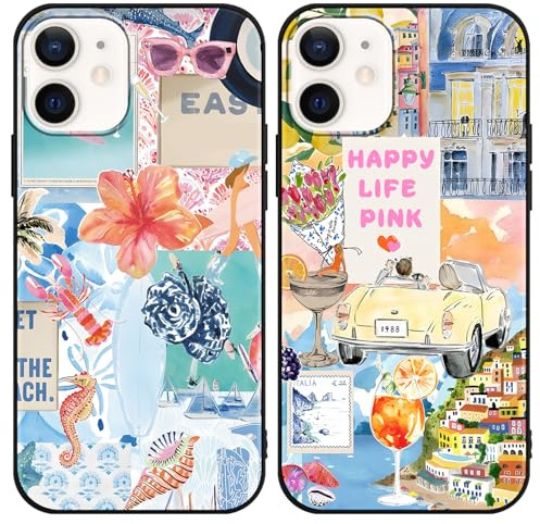 Phoona 2 Pack Cute Case for iPhone 12 Mini 5.4, European Collage Preppy Summer Girly Design Pattern for Girls Women, Slim Soft Silicone Shockproof Bumper Protector Cover, Blue 03