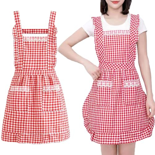 LaresDay Damen-Schürze Baumwolle | Profiqualität mit 2 Taschen & Gitter-Design | Verstellbare Träger für Küche/Garten/Restaurant | Spritzwassergeschützter Latz & Malerschutz (rot)