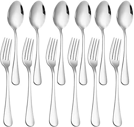 Stainless Steel Fork and Spoon Set of 12 Mirror Polishing Cutlery Set Silverware Forks & Spoons Dishwasher Safe Dining Table Accessories for Home Kitchen & Restaurant (Silver) (Fork and Spoons p12)