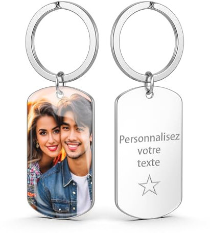 AAQ Porte Clef Personnalisable - Porte-Clés Personnalisables Photo, Personnalisable Recto Verso Texte Porte Cle Photo, Cadeau Personnalisé pour Femme Homme Famille (UV couleur-argenté)