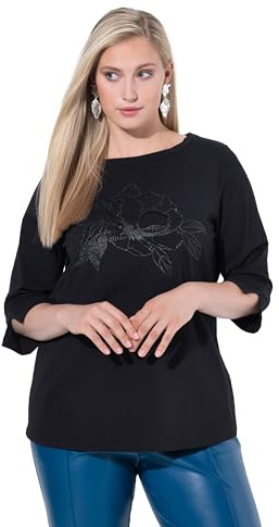 Ulla Popken Damen große Größen Übergrößen Plus Size Shirt, Blüte, U-Boot-Ausschnitt, Langarm schwarz 42+ 843290130-42+