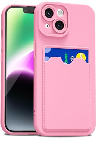 LoeoeL for iPhone 14 Case with Card Holder Slim, Thin Silicone Wallet Phone Case with Credit Card Slot for Women Men, Soft Rubber Gel TPU with Pocket Shockproof Camera Cover, Light Pink