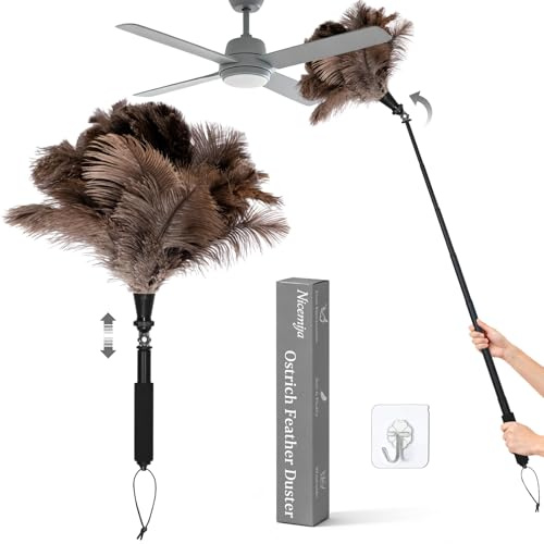 Nicemiya Ostrich Feather Duster with 42 inch Rotatable Aluminum Alloy Pole, Fluffy Reusable Feather Duster Extendable for Cleaning High Ceilings, Pendant Lamps, Blinds, Furniture and Roof