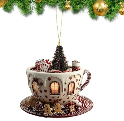 Xvilmaun Coffee Cup Ornaments for Christmas Tree - Tree Ornaments Outdoor,2D Acrylic Coffee Cup Shape Snow House Pendant for Car Interior Bedside Men Women Workplace Backpack Bookshelf