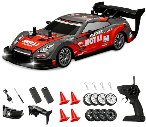 Weciau RC Drift Car, 2.4Ghz 1:24 4WD Remote Control Car with LED Lights, 2 Batteries and 4 Extra Drifting Tires, 20km/h High Speed RC Cars, Mini Racing Cars for Kids Adults Gifts