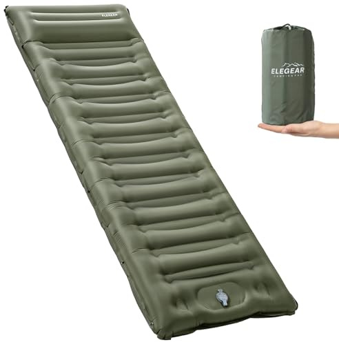 Elegear Matelas Camping Autogonflant 1 Personne, Matelas Gonflable avec Pompe à Pied Intégrée et Oreiller Léger et Compact Résistant à l'eau Tapis Camping pour Randonnée Tente Extérieur, 193x63x14cm