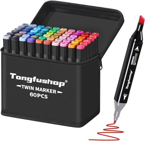Tongfushop 60 Farben Alkoholmarker Set, Fein- und Keilspitze zum Zeichnen | Schnelltrocknende Alkoholtinte, 1 mm Feinspitze und 1-6 mm Keilspitze, für Zeichnen, Manga, Illustration und Design