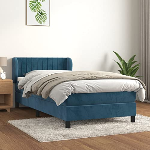 Kaloriko Boxspringbett Dunkelblau 90x190 cm, Samt, mit Matratze, verstellbares Kopfteil, Taschenfederkernmatratze, für erholsamen Schlaf