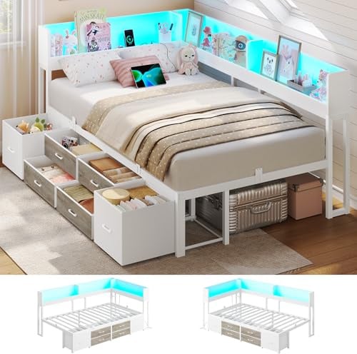AOGLLATI Bett 90x200 mit Stauraum Schlafsofa mit Integriertem Bücherregal & 6 Schubladen,Jugendbett mit LED-Beleuchtung & Ladestation Gästebett Tagesbett Bettgestell mit Lattenrost(Weiß, 90x200cm)