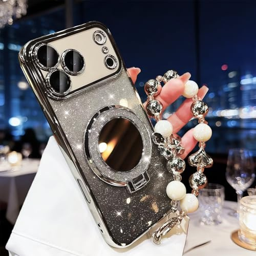 Sparkling Diamond Women's Phone Case with Mirror & Stand for iPhone 12/13/14/15/16/17 Pro Max,17air, Rhinestone Bling Mirror Case (Gray,For 16 Pro Max)