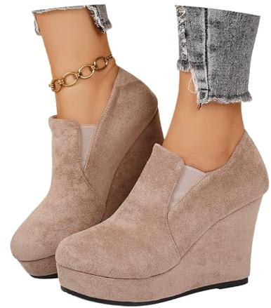 Stivaletti Primaverili Da Donna Stivali Con Plateau E Tacco A Zeppa Stivaletti Slip-on In Stile Britannico Stivali Da Transizione In Pelle Scamosciata Scarpe Alla Caviglia Taglie Grandi(Beige,39 EU)