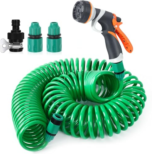Flexibler Gartenschlauch 20M, Spiralschlauch Komplett Set mit 8 Funktionen Spritzdüse, Handbrause Garten Brausekopf Bewässerungspistole für Gartenarbeit, Autowäsche, Haustierdusche