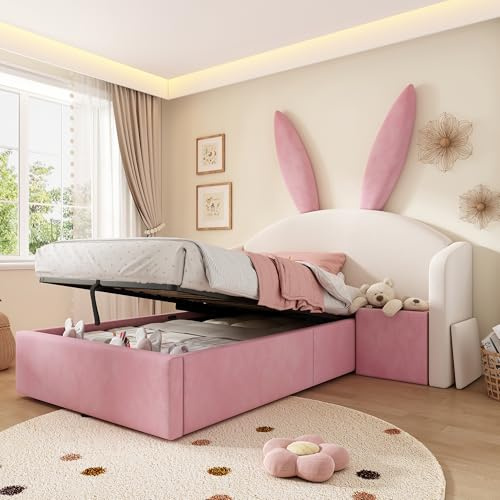 Zepneiy Lit Enfant 90x190 avec tête de lit Oreilles de Lapin, Lit capitonné avec angement hydraulique et Table de Chevet, Velours Beige et Rose(sans Matelas)
