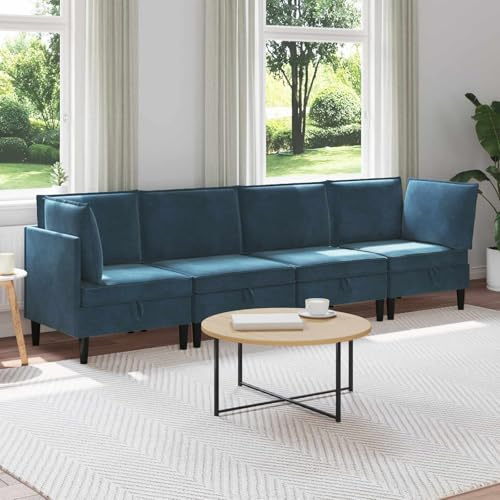 Kaloriko Wohnzimmergarnitur 4-teilig Blau Samt mit Stauraum gepolstert ergonomisch modernes Möbelset Wohnzimmer Wohnwand Schrankwand Anbauwand Garnitur