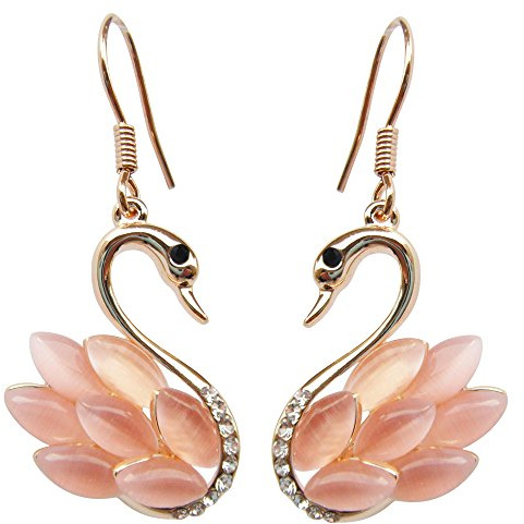 Navachi - Boucles d’oreilles pendantes plaqué or jaune 18 K avec cristal opale bleu marine cygne oiseau