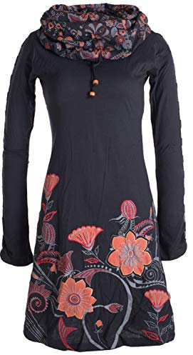 Vishes - Alternative Bekleidung - Damen Kleid mit Blumen-Muster Langarm Herbst Frühling Schalkragen schwarz 36
