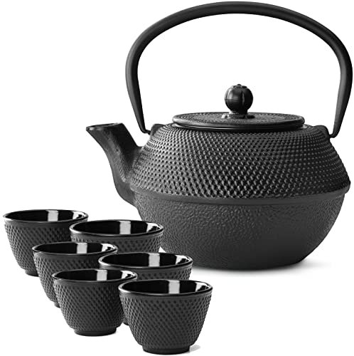 Bredemeijer Teekanne asiatisch Gusseisen Set 1.1 Liter mit Henkel & Edelstahl Tee-Filter Sieb-Einsatz für losen Tee & Teebecher (6 Tassen)