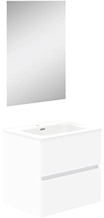 Baikal Mueble de Baño Dos cajones, suspendido a la Pared con Lavabo. Melamina 16. Mueble montado. Mueble de 60cm Blanco con Espejo Luna Lisa