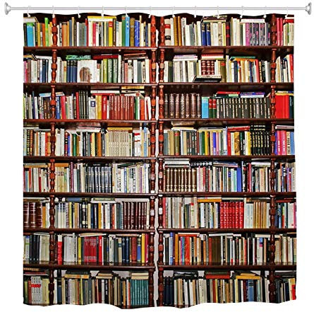 A.Monamour Duschvorhang Vintage Bibliothek Bücherregal Bücherregal Voller Bücher Arbeitszimmer Szene Bild Wasserdichtes Gewebe Bad Vorhang Polyester Duschvorhang Mit Haken Ringe 180x200cm
