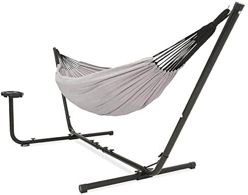 VITA5 Hängematte mit Gestell Outdoor - Hängematte 2 Personen für Garten & Balkon - Doppelhängematte mit Getränkehalter- Tragbare Hängematte 200kg Belastbarkeit (Grau Cupholder)