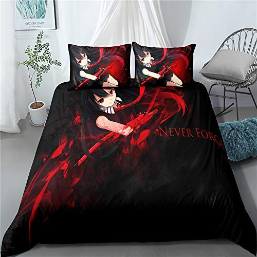 Dreiteilige Bettbezug for Akame ga KILL Akame Schwarzer Hintergrund, 3D-Anime Quilt Pillowcase, 100% Polyester, weich und bequem, Bettwäsche for Otaku und Anime Fans, bestes Geburtstag-Geschenk