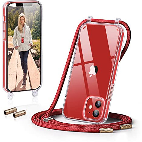 GOODVISH Handykette kompatibel mit iPhone 12 und iPhone 12 Pro 6,1 Display, Necklace Hülle mit Band Handyhülle für zum Umhängen,Transparent Case mit Schnur Schutzhülle mit Kordel, Rot