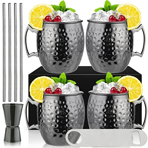 Moscow Mule Tassen Set mit 4 schwarzen Moscow Mule-Bechern, 530 ml, Gunmetal schwarz plattiert, Edelstahlbecher, Doppel-Messbecher, gekühlte Kaltgetränke, Cocktailbecher, Trinkgeschirr mit Geschenkbox