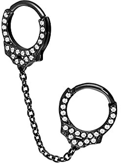 PIERCINGLINE Chirurgenstahl Segmentring Clicker KRISTALLHANDSCHELLEN Piercing Ohr Helix Ring Schwarz Lange Kette 74 mm