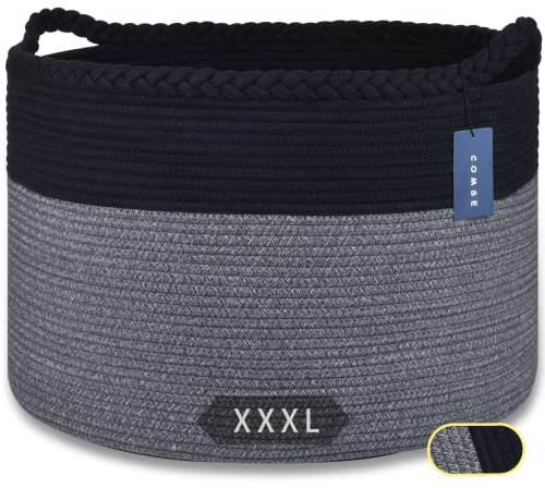 COMSE Extra Large Blanket Basket, Woven Laundry Basket, 55 x 35 CM, Nursery Hamper, Cotton Rope Laundry Hamper Living Room for Storage Toys Clothes Towels, Black/Gray