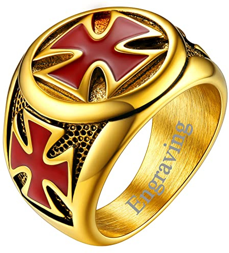 FaithHeart Anello Cavalieri Templari Croce/Spada Templare in Acciaio Inox per Uomo Anello Rosso Nero Oro con Sigillo Medaglia Scudo Lucido Anello Punk Gotico