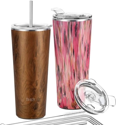 THILY Stainless Steel Vacuum Insulated Tumbler 26 oz Triple-Insulated Travel Mug with Splash-Proof Lid, for Iced Coffee and Hot Beverage, Woodgrain + Watercolor Flower