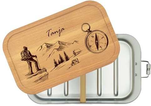 Thiger Brotdose zum Wandern - Edelstahl mit Fächern und Holzdeckel - Personalisiertes Geschenk - Lunchbox für Wanderer - Edelstahl Trinkflasche (1100 ml + 1 Trennwand)