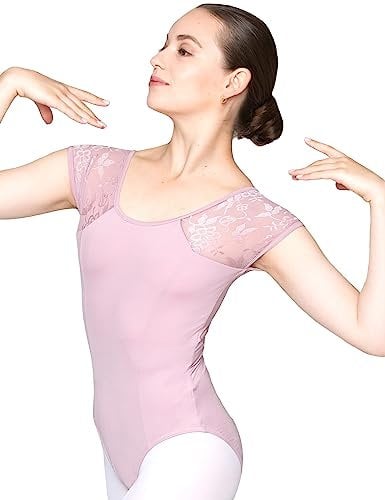 tanzmuster Ballett Trikot Damen Kurzarm - Maike - BH-Pad-Einschub - geblümte Spitze - malve 40 - rosa Tanz Body - Ballettkleidung für Erwachsene