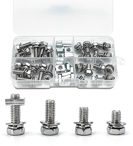 56Pcs Stainless Steel Motorcycle Battery Terminal Nuts and Bolt Kit, M6 x 10mm 12mm 16mm 20mm Bolt Square Nut Kit Stainless Steel Motorcycle Battery Screw and Nut, Ideal for ATV and Scooter Battery