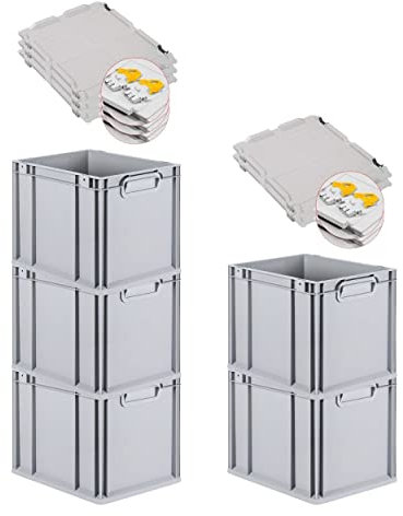 PROREGAL SuperSparSet 5x Eurobox NextGen Grip mit Scharnierdeckel und gelben Schiebeschnappverschlüssen, HxBxT 32x30x40cm, 30 L, Grau, Griffe geschlossen, Eurobehälter, Transportbox