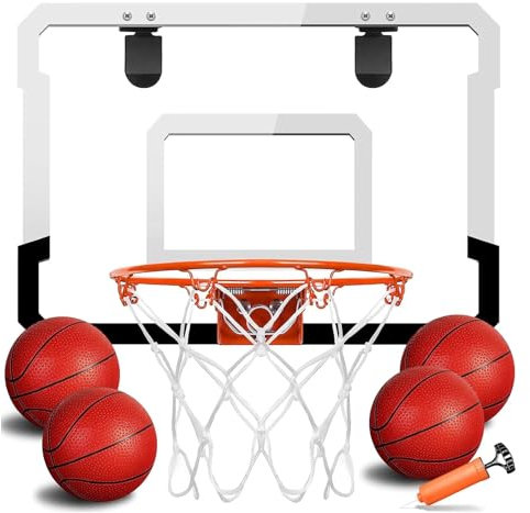 TEUVO Mini Basketball Hoop Toys for Kids Age 3+, Indoor Basketball Hoop Over the Door with 4 Balls for Bedroom Mounted Outdoor Mini Hoop on Door Sport Game Toy Gifts for Boys Girl