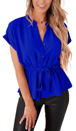Cuptacc Bluse Damen V Ausschnitt Chiffon Blusen Kurzarm Sommerbluse Lehrerin Shirt Komfort Königsblau, Klein 36