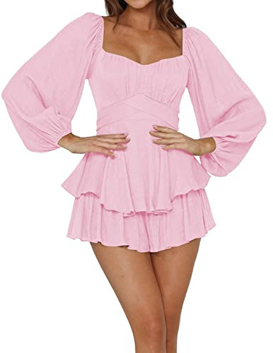 Générique 2024 AI – Overall für Damen, langärmlig, Rüschen, Krawatte, Mini-Strampler, kurz, Arbeitslatzhose, Kinder, Rosa, 38